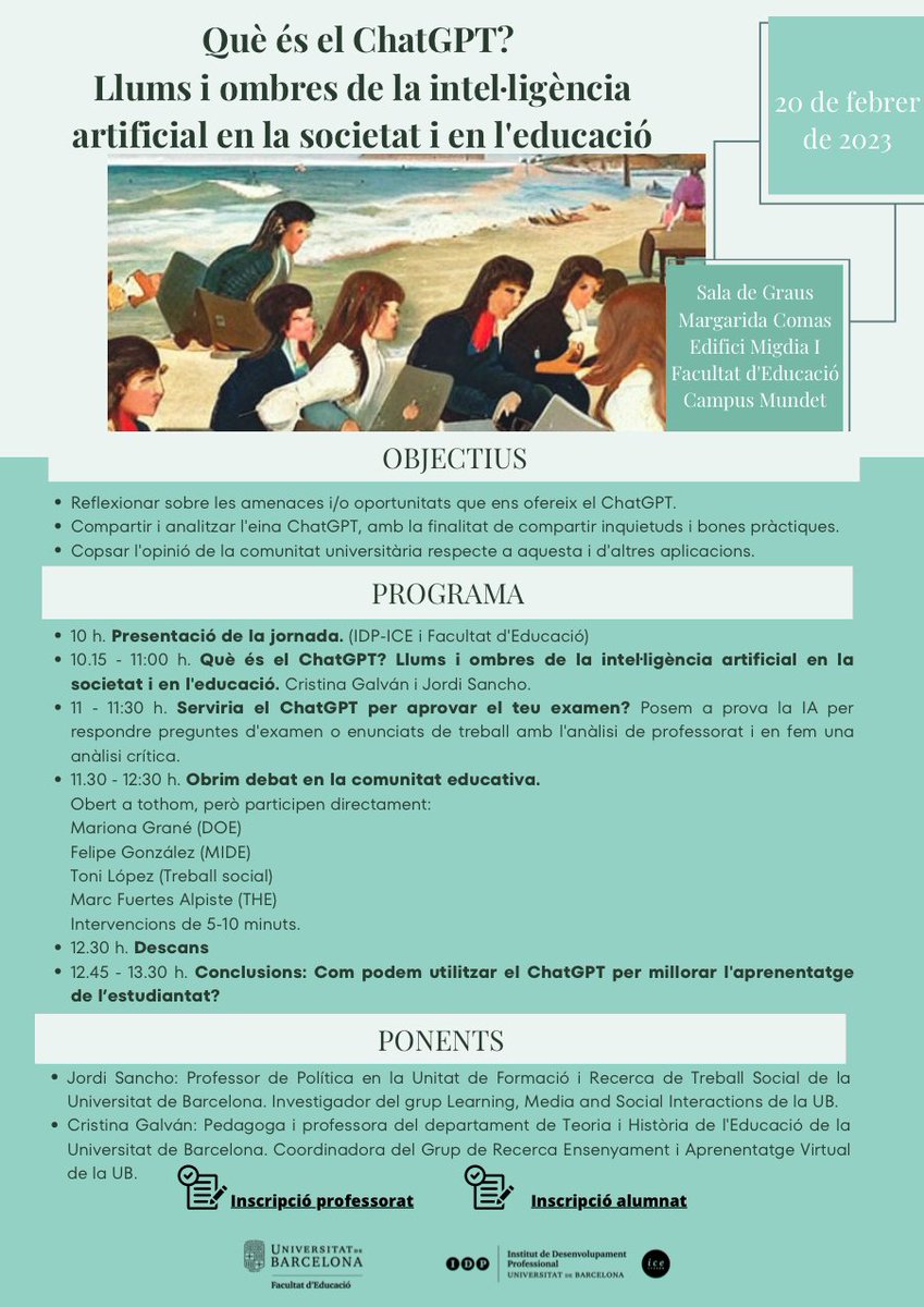 Dilluns vinent parlarem del Chat GPT i l'impacte en l'educació. Serà interessant.
Aquí està el pdf amb els links per la inscripció: icloud.com/iclouddrive/0a…