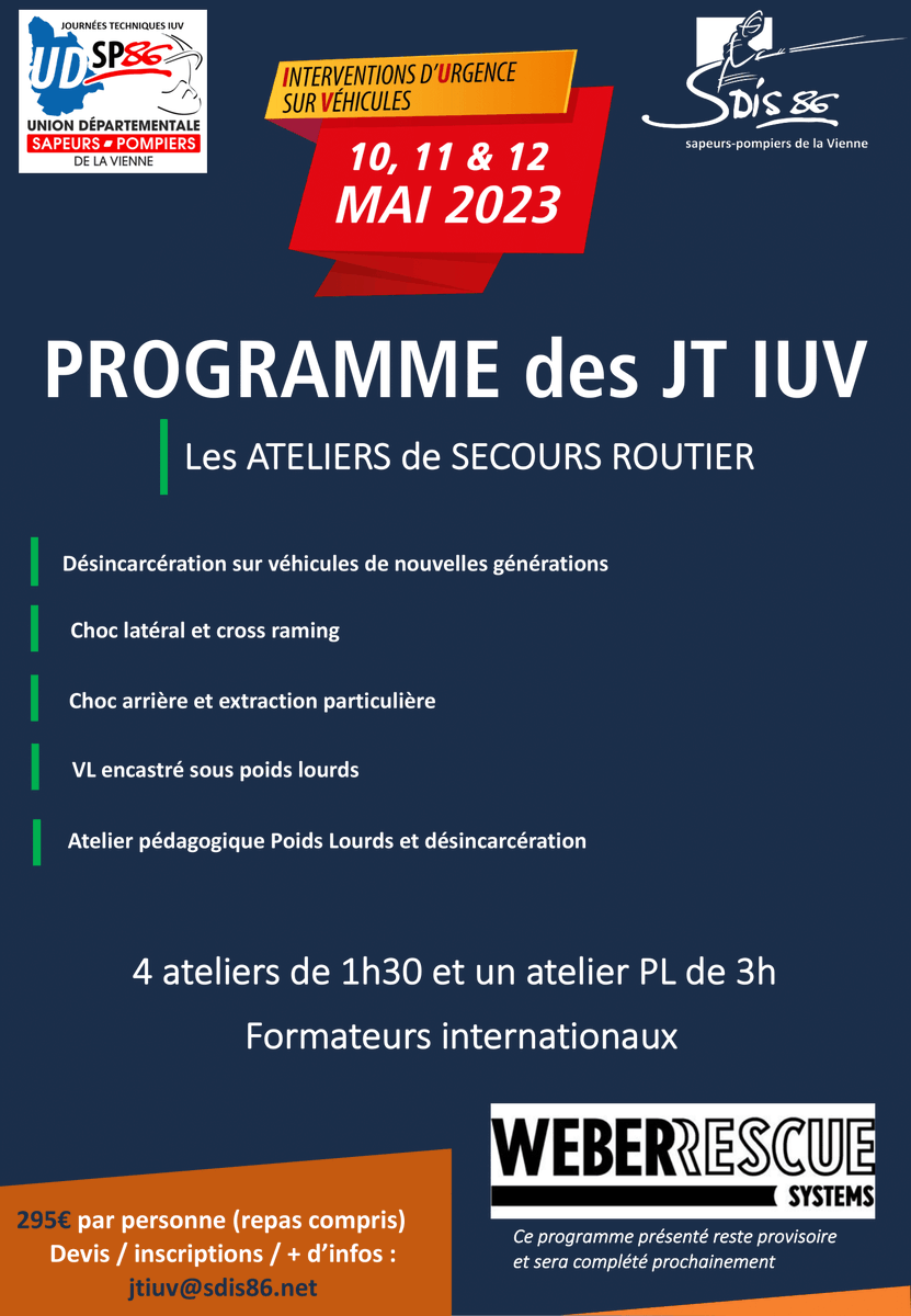 JTIUV86's tweet photo. [#Programme] les Journées techniques #IUV du 10 au 12 mai prochain c’est au 
@sdis86
. #SaveTheDate 
➡️ inscriptions 🔗 : https://t.co/7SIwC6EEaY https://t.co/gThWSy9DE8
