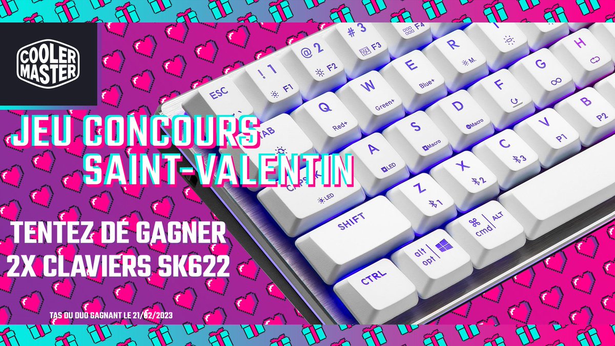 coolermasterfr's tweet photo. T'as prévu de passer la Saint-Valentin tranquille devant ton PC ? Ça tombe bien, on te fait gagner 2x SK622, à toi et la personne de ton choix ! 💕

✅ RT &amp; Follow @coolermasterfr
🤝 Tag ton teammate de toujours

TAS du binôme gagnant le 21/02/2023 ✨ https://t.co/QhQUKrLKM9