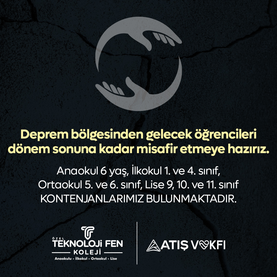 atisgrup's tweet photo. 📍Deprem bölgesinden gelecek öğrencileri dönem sonuna kadar misafir etmeye hazırız. 
@tekfenkolej 

#eğitim #deprem #destek #yardım #atış https://t.co/fELWmMX6Fi