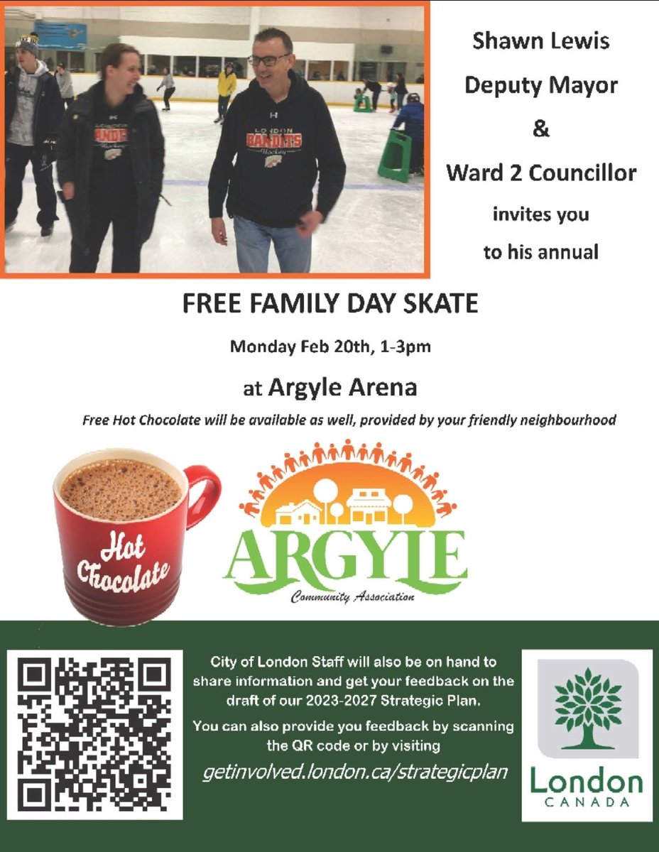 Looking for a fun activity this Family Day?  Come out to Argyle Arena and join @shawnwlewis at the annual *FREE* Family Day Skate from 1 - 3pm Monday, February 20th. Enjoy a hot chocolate and treat on us. 
#ldnont #skating #familyday #hotchocolate #argylecommunityassociation