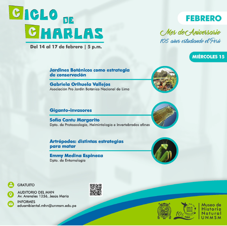 📅Nos unimos a las celebraciones del 
<a href="/MuseoHNUNMSM/">Museo de Historia Natural UNMSM</a> durante su mes de Aniversario.
Fecha: miércoles, 15 de febrero
Hora: 5:00 p.m.
Charla presencial: "Jardines Botánicos Como Estrategia de Conservación"
Presenta: Gaby Orihuela - <a href="/ProJbnl/">Asociación Pro Jardín Botánico Nacional de Lima</a> 
Programa: bit.ly/3xjYuij