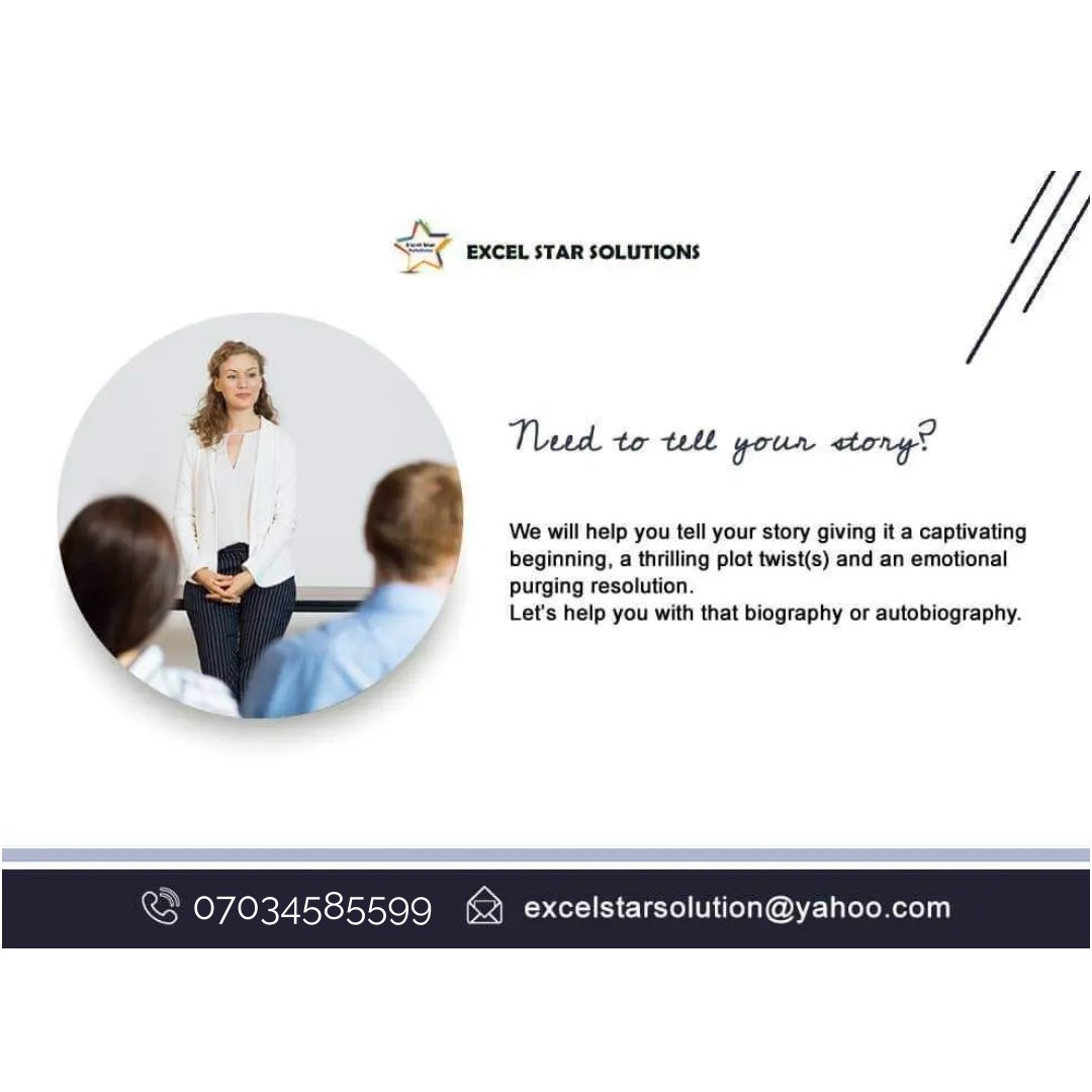 ExcelStarSolut1's tweet photo. Let's help you tell your story.

#biography
#autobiography
#ghostwriting
#soluwrite
#excelstarsolutions https://t.co/InJJzS1spG