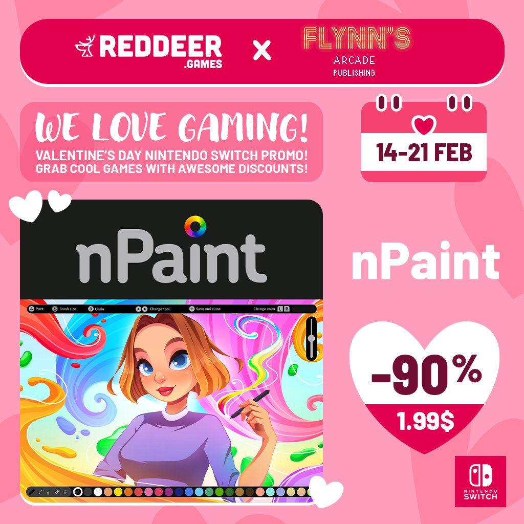 We love gaming! 
That's why we have a cool promo offer for you today!

Grab 🎨 nPAINT 🖌️
on 🕹️ #NintendoSwitch 
with ❤️ -90% DISCOUNT ❤️

➡️ bit.ly/3RUnOoE ⬅️

Check our our partner's socials <a href="/FlynnsArcades/">🎮Flynn's Arcade 🎮</a> and get more info about games we offer!

#indiegames #valentines