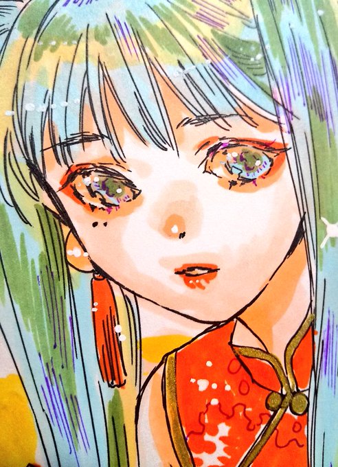 ミクさんではないけどちょっとミクさんぽいな(私はミクさんにはまつげを描かない+目を円く描きたいこだわりがあるので…) 