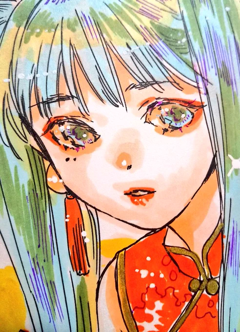 ミクさんではないけどちょっとミクさんぽいな(私はミクさんにはまつげを描かない+目を円く描きたいこだわりがあるので…) 