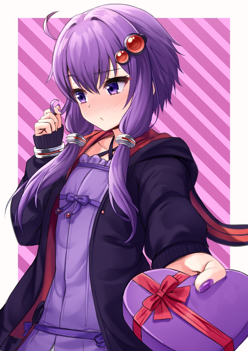 yuzuki yukari 1girl box solo purple hair purple eyes hair ornament dress  illustration images