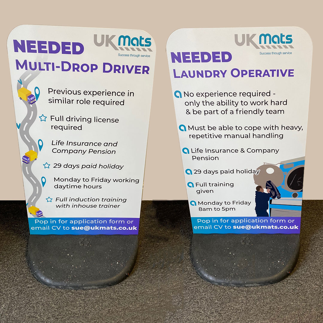 ukmatsltd's tweet image. First order from @DisplayWizard and we were very happy with the results! Perfect rendering of our design, and quality product - thank you! 

#advertisingboard
#pavementboards
#streetadvertising
#jobvacancies
#britishmade

[two heavy-based pavement sign boards with custom designs]