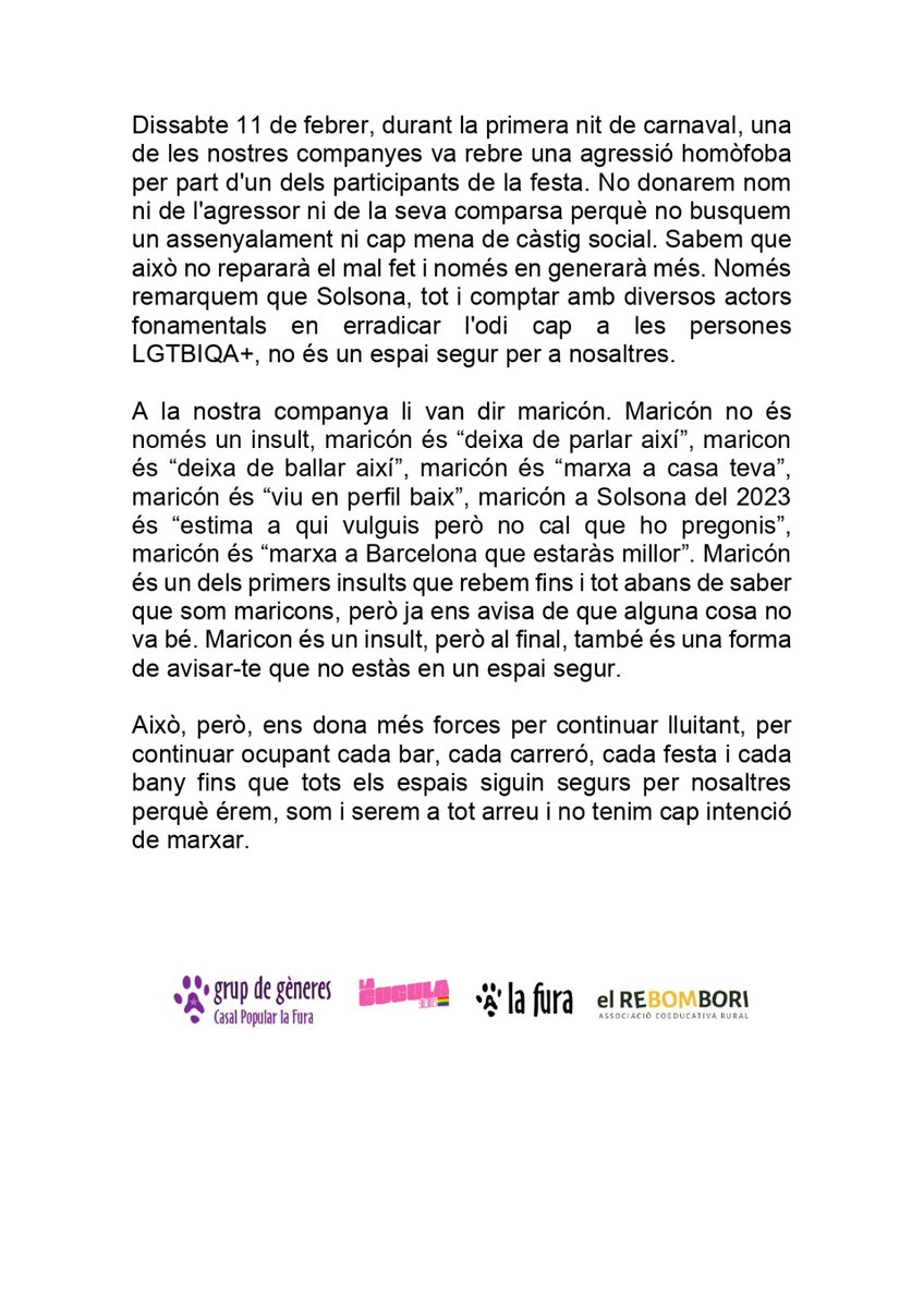 Aquest dissabte de precarnaval vam patir la primera agressió. Parlem en plural perquè això no és un cas aïllat, no és un comentari desafortunat: és una violència sistèmica i estructural

Aquest carnaval, més que mai, ens veiem als carrers