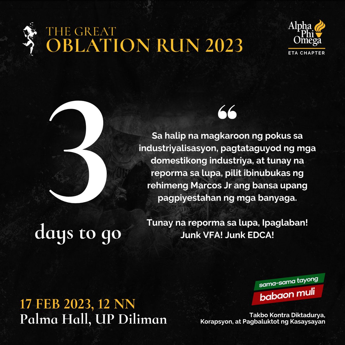 Sama-sama tayong babaon muli.

Basahin ang buong pahayag dito: facebook.com/UPAPOOblationR…

Never again, never forget!
Ang tao, ang bayan, ngayon ay lumalaban!
Tunay na reporma sa lupa, Ipaglaban!
Junk VFA!
Junk EDCA!

#OblationRun2023
#SamaSamaTayongBabaonMuli
#NeverForget