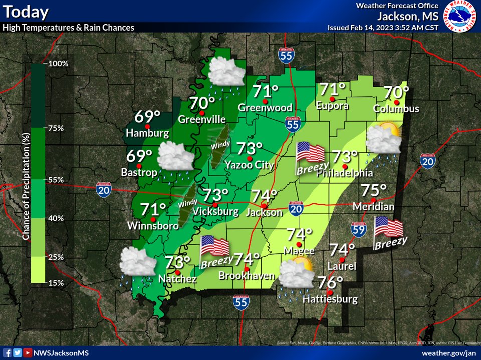 Good morning! Strong winds are likely late this morning into the afternoon.  Otherwise, the day will feature increasing cloudiness, increasing rain chances from the west this afternoon. High temperatures will be well above normal in the upper 60s NW to the mid 70s SE.