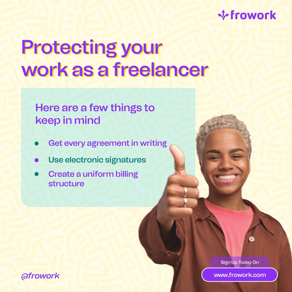 FroWork's tweet photo. In order to ensure that you are not shortchanged and regret taking up some task or clients, do things properly and put your business first.
These few tips would help you protect your work as a freelancer
#thread #data #Frowork https://t.co/TtM8UYIFgY