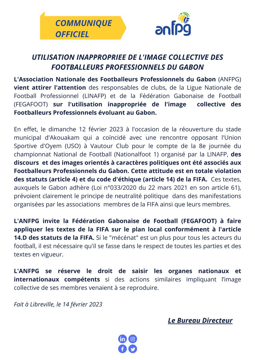 anfpg's tweet photo. 🔴#COMMUNIQUE
L'#ANFPG vient attirer l'attention des responsables de #clubs, du @NationalFootGab et de la @fegafoot_gabon sur l'utilisation inappropriée de l'#image #collective des Footballeurs Professionnels évoluant au #Gabon à des manifestations à caractères #politiques. https://t.co/NdakYb508s