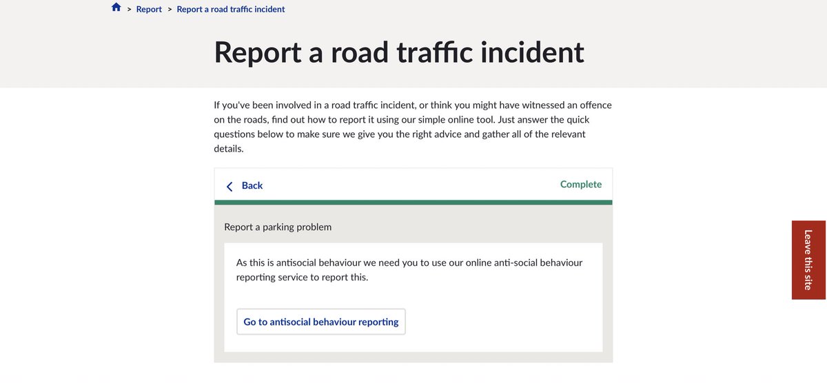 MancUrban's tweet photo. This is what happens on #OperationConsiderate , if you want to report a parking offence, for example, parking on zig zags.
The form lists a number of options, if you pick ‘parking’ it sends you on a wild goose chase of nonsense and calls it anti social behaviour https://t.co/fUnNdUD4XW