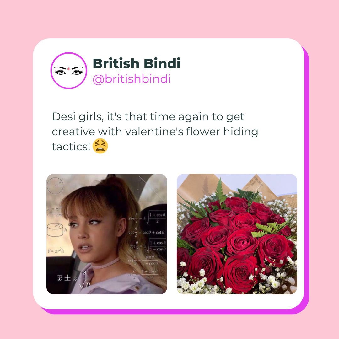 A moment for the brown girls who have to hide their Valentine’s gifts today 🌹

Have you ever needed to do this? 😅

Feels like this is so ingrained from a young age for some of us, that it’s almost like a natural instinct even when we’re older.

#HappyValentine ‘s to everyone,