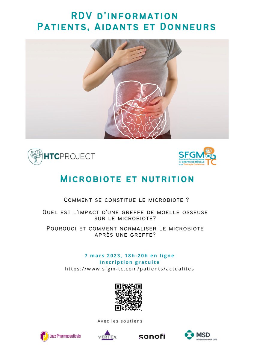 Care4Access's tweet photo. Tout savoir sur #Microbiote #nutrition🦠&amp; leur impact sur la #greffedemoelleosseuse👉 RDV #Patients #Aidants #Donneurs du 7 mars à 18h✍️inscription gratuite en ligne https://t.co/Ixw59uL2Yn @SFGM_TC #HTCProject 🙏@JazzPharma @VertexPharma @SanofiFR  @MSDFrance pour votre soutien https://t.co/E9lxR3I45Y