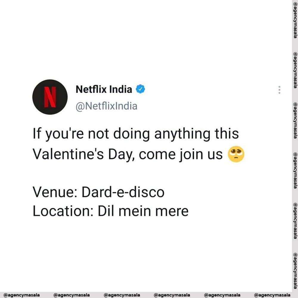 AgencyMasala's tweet photo. Valentines Day Saga ft. brands and their witty creatives.

Which one did you like the most? 😍
.
.
.
#AgencyMasala #valentines #valentinesday #valentine #valentines2023 #brands #brandads #valentineweek #brandmoments #momentmarketing #topical #trending #topicalspot https://t.co/shKGSDHPKG