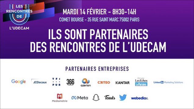 🔵 Merci à nos partenaires entreprises : 

<a href="/366communities/">366</a>, <a href="/WeAreAzerion/">Azerion</a>, <a href="/Criteo_France/">Criteo France</a>, <a href="/Google/">Google</a>, <a href="/Echos_Parisien/">Les Echos-Le Parisien Communication</a>, <a href="/JCDecauxGlobal/">JCDecaux Global</a>, @Kantar, <a href="/LinkedInFrance/">LinkedIn France</a>, <a href="/Mediametrie/">Médiamétrie</a>, <a href="/Meta/">Meta</a>, <a href="/Snapchat/">Snapchat</a>, <a href="/TeadsFR/">Teads FR</a>, <a href="/tf1pub/">TF1 PUB</a>, @TwitterFrance &amp; <a href="/WebediaFR/">webedia</a>

#RencontresUdecam
