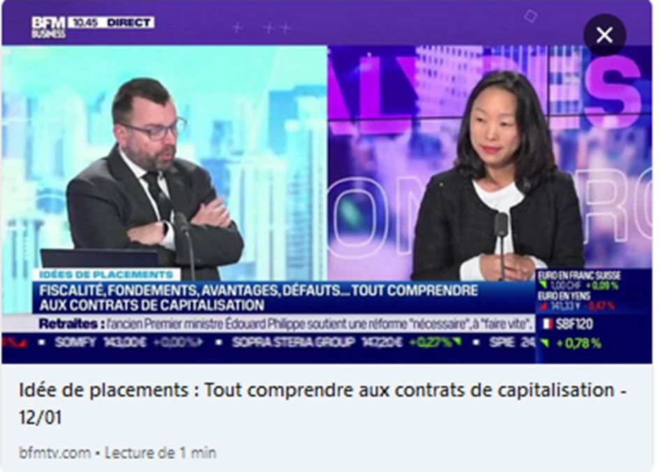 Ségolène Roques, Directrice de l' #IngénieriePatrimoniale, était l’invitée de #BFMPatrimoine, émission animée par <a href="/Cedric_Decoeur/">Cédric Decoeur</a> sur <a href="/bfmbusiness/">BFM Business</a>. 
Découvrez les atouts du contrat de capitalisation pour les #sociétés patrimoniales : bit.ly/3YQamV7