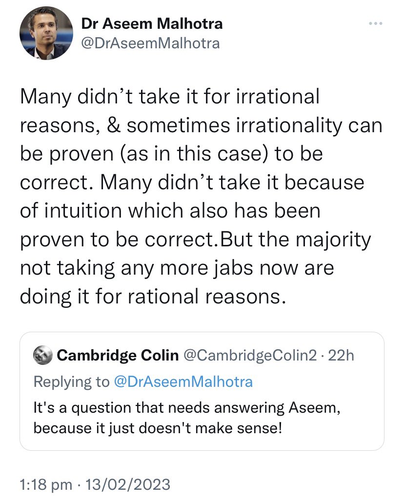 noreward_norisk's tweet photo. No, maybe it was just glaringly obvious (to many) that taking an experimental product rolled out with almost no testing and NO long term safety data, pushed by the government using coercion and bullying was a bad move. 

‘Doctor.’ https://t.co/Q3iX2SxTrA