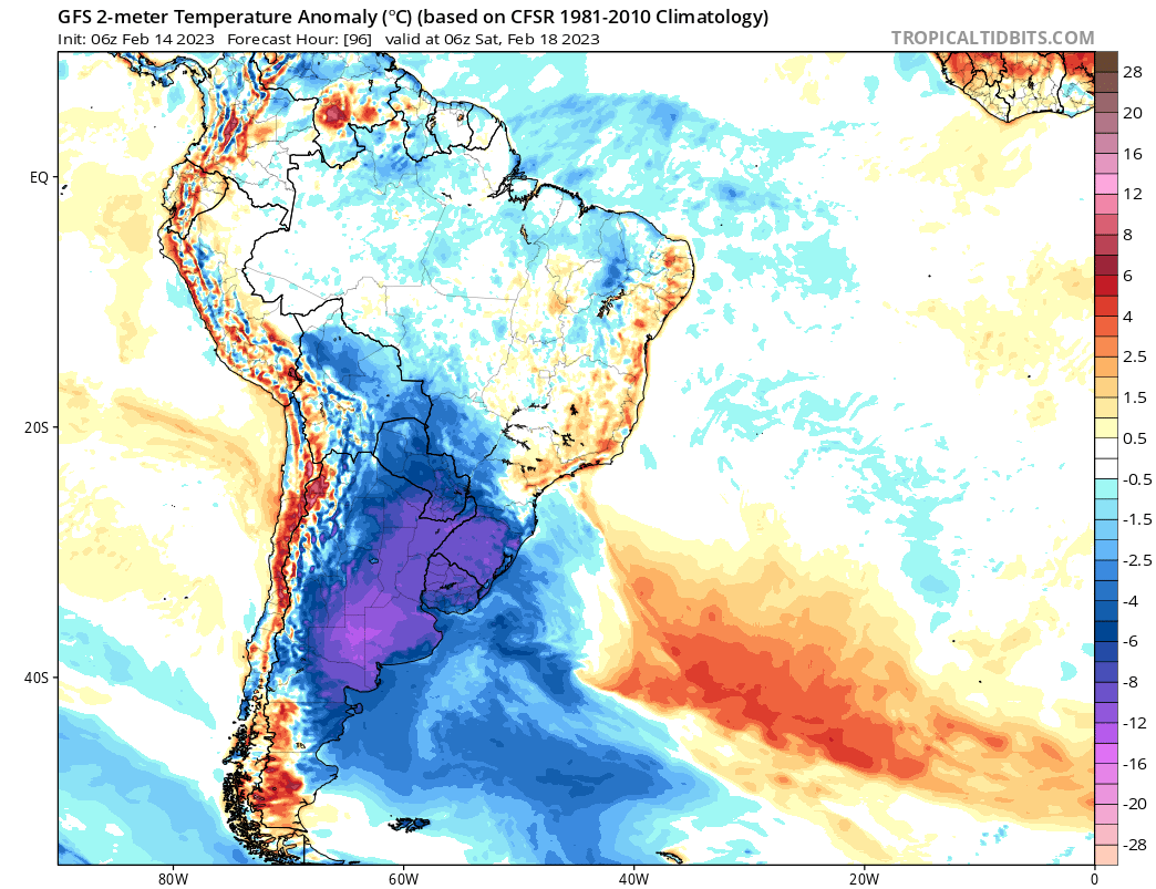 Importante caída de #temperaturas para el fin de semana, según #GFS, con anomalías de -8°C a -12°C para sábado 18 y domingo 19, por ingreso de masa de aire polar, sobre #Argentina, #Uruguay, sur de #Brasil y región oriental de #Paraguay.
