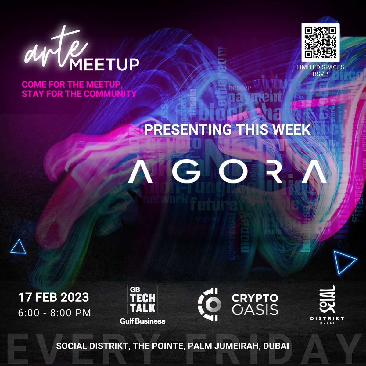ArteCommunity_'s tweet photo. Are you ready to discover the latest developments in #blockchain technology &amp; explore the exciting world of #Gamefi? Then come join us for our weekly #artemeetup!

📅 Every Friday
⏰ 6-8PM
📍Social Distrikt
👉 Rsvp: https://t.co/8XSk2YTQUz

@AgoraDex https://t.co/82eFK7e8eH