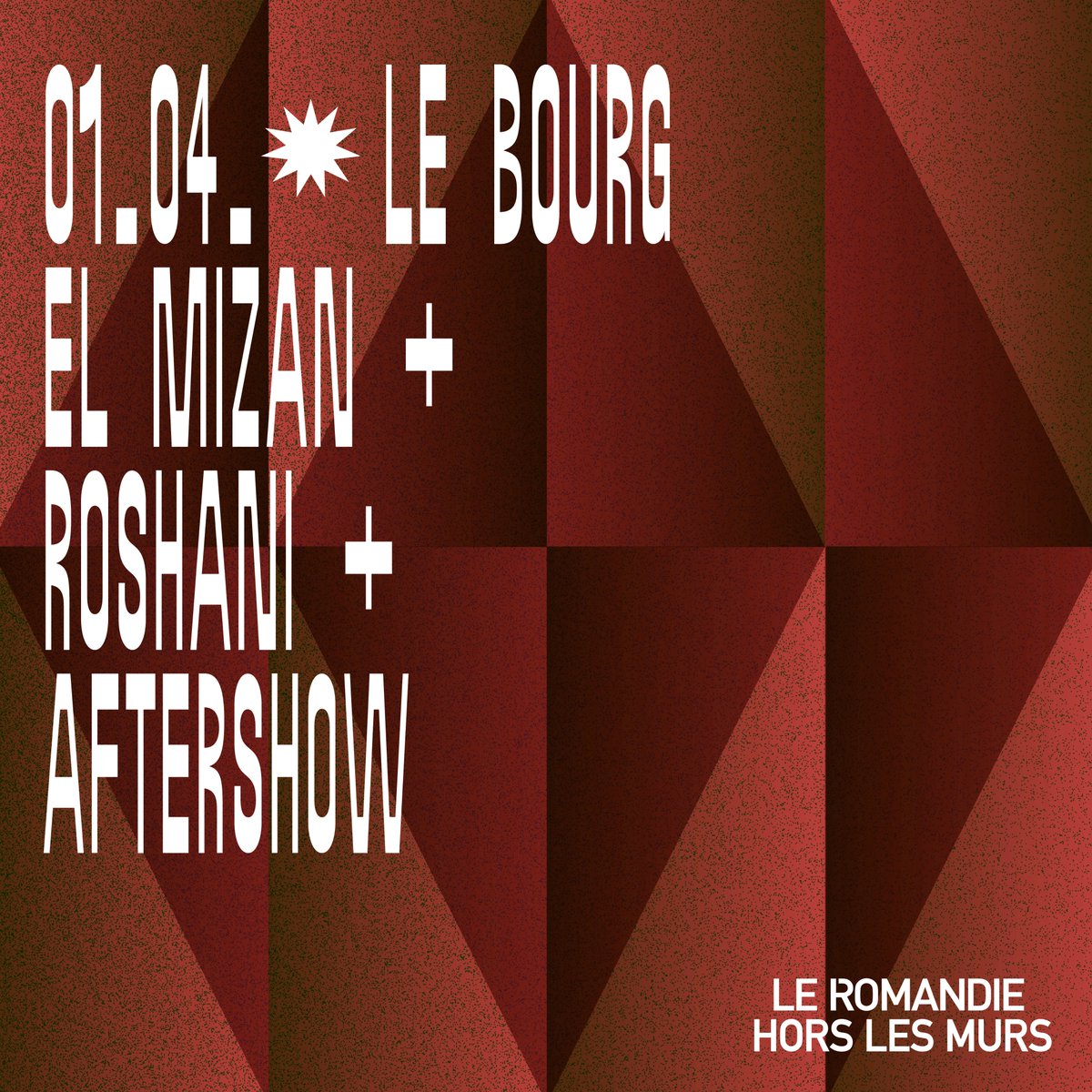 leRomandie's tweet photo. ✹ NOUVELLE DATE ✹

Le Romandie retourne dans la salle du Bourg le 1er avril ! On vous propose deux lives de rock maghrébin et d'électronique tropicale, suivi d’un aftershow jusqu’à 05h00 ! Collision de style et mélodie sans frontières en vue. 

ℹ️→ https://t.co/C8vGOHrwC7 https://t.co/vUMEfaceD3