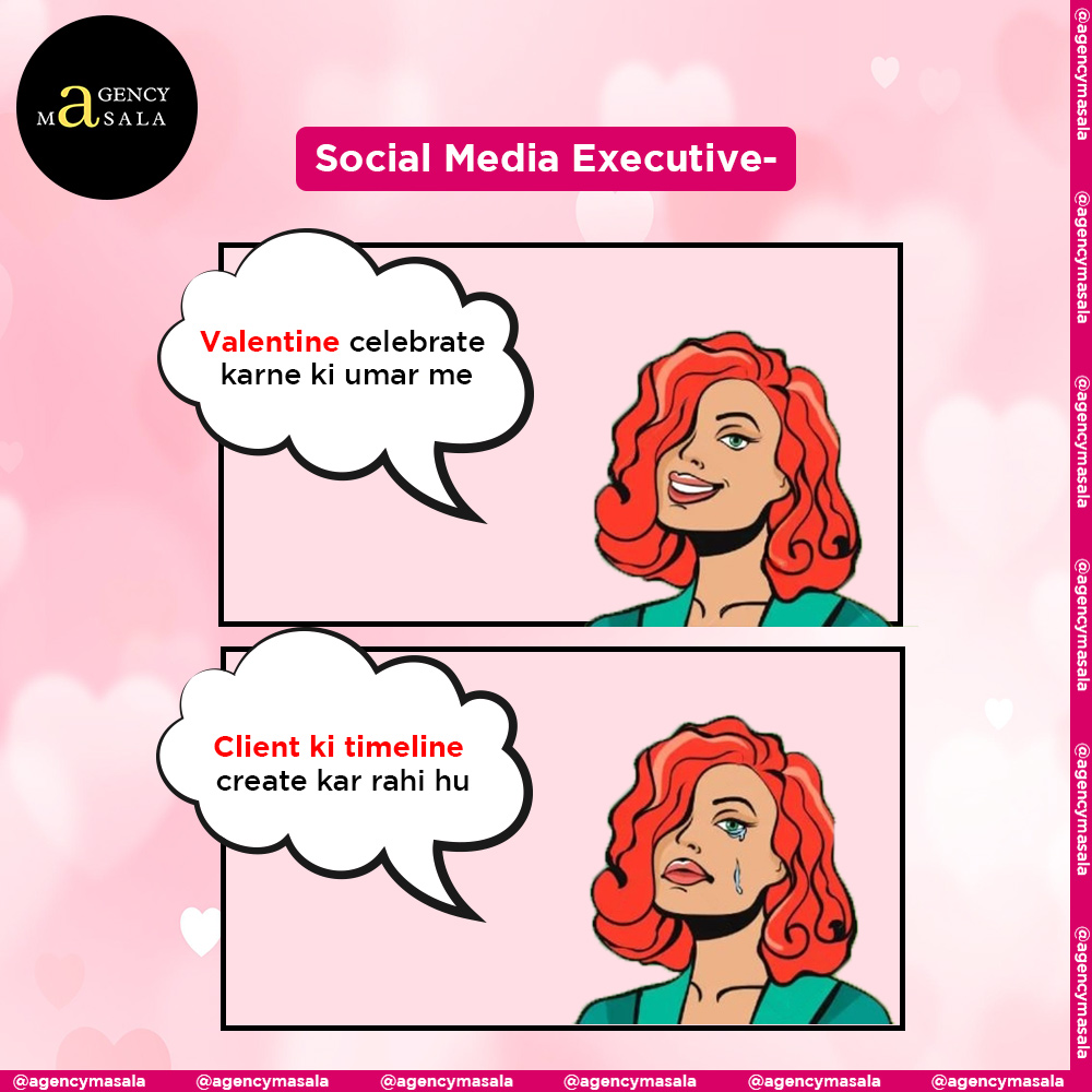 AgencyMasala's tweet photo. Agency professionals celebrating this Valentine's day with loads and loads of work 😢

#AgencyMasala #agencylife #topical #meme #relatablememes #valentinesday #valentines #valentine #hr #designer #socialmediamanager #designing #client #clientdiaries #relatable https://t.co/6pVMcGGejx