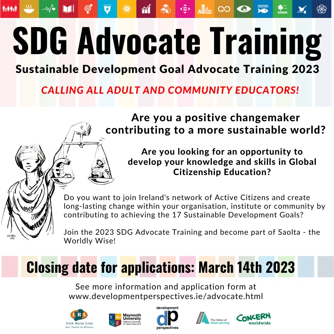 Do you want to join Ireland's network of Active Citizens &amp; create long-lasting change within your organisation, institute or community by contributing to achieving the 17 #SDGs?

Info&amp;app: developmentperspectives.ie/advocate.html
Closing date- March 14

#Saolta #SDGsIRL PLEASE RT