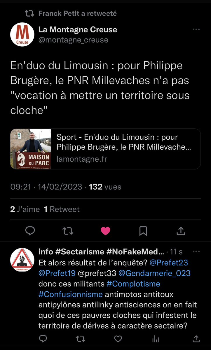 SectarismeInfo's tweet image. Une réaction suite à l’enquête @Prefet23 @Gendarmerie_023? donc ces militants #Complotisme #Confusionnisme #Errorisme antimotos antitoux antipylônes antilinky antisciences ces pauvres cloches infestentes Millevaches de #Sectarisme on en fait quoi?
@Miviludes_Gouv @CreuseGrandSud