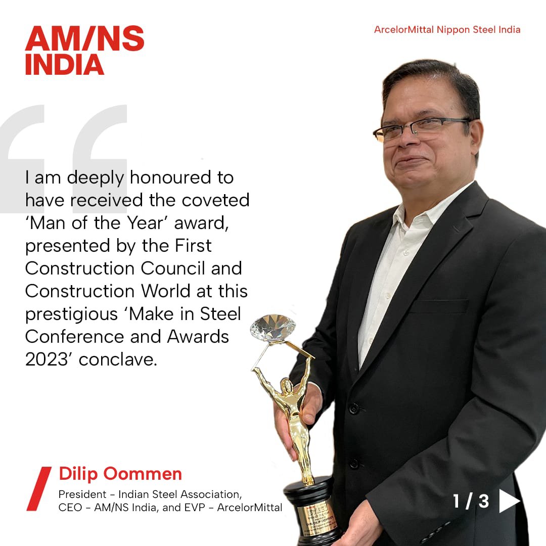 AMNSIndia's tweet photo. Vested as 'Man of the Year' by @FCCIndia and @CWmagazine at the #MakeInSteel Conference and Awards 2023, our CEO - @dilipoommenamns - conveys his gratitude for the coveted honour and reiterates the industry's role in building the #5TrillionEconomy.
#SmarterSteelsBrighterFutures https://t.co/CQJwqEY4d4
