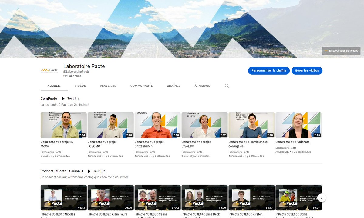 PACTE_grenoble's tweet photo. 🆕La chaîne YouTube de Pacte s'offre un petit rajeunissement ! https://t.co/limzlCut7h

▶️Vidéos courtes #compacte, émissions plus longues #inpactepodcast ou encore rediffusions de #séminaires, vous avez toutes les clés en main pour découvrir la recherche en #shs à Grenoble ! https://t.co/C8KypbEjOZ