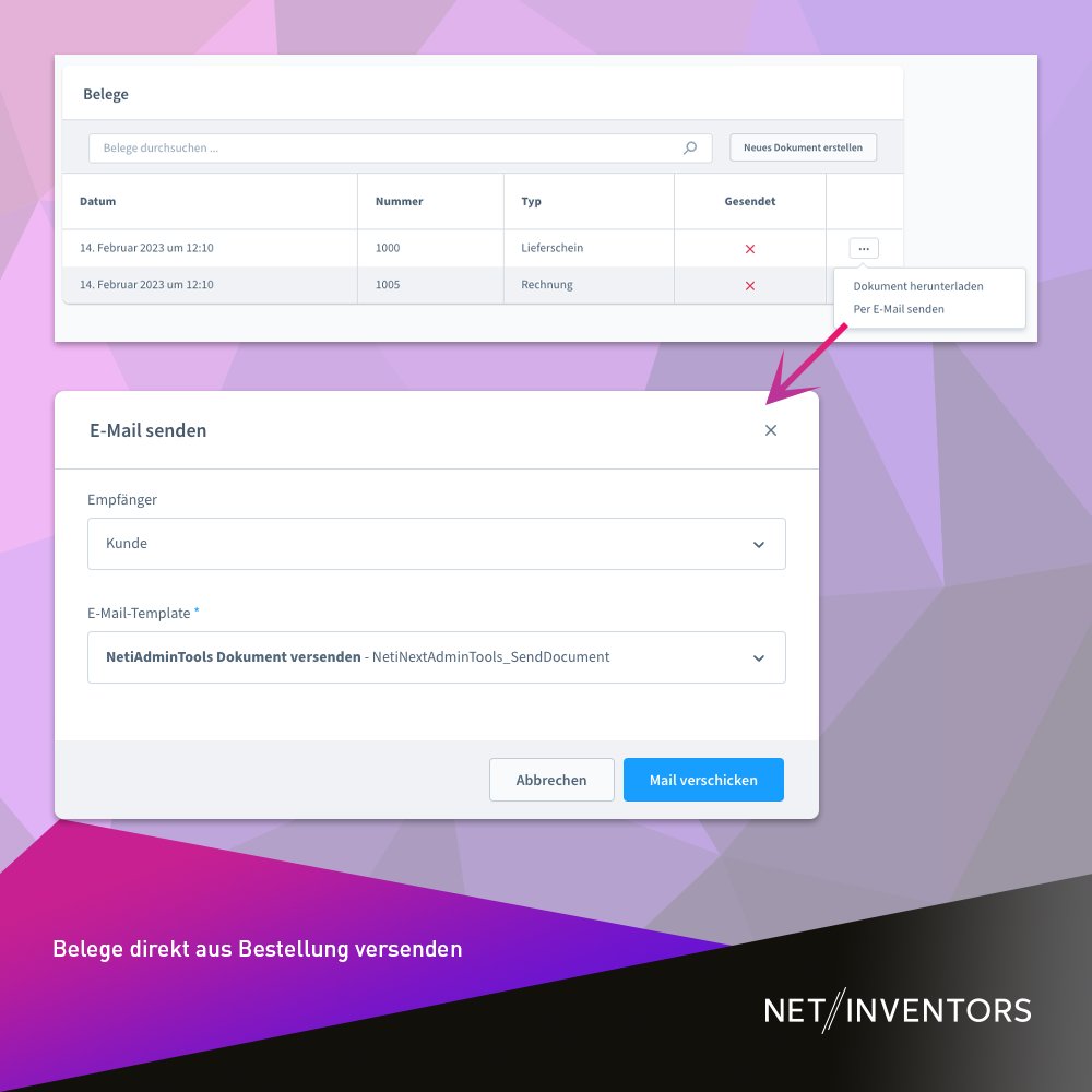 NetInventors's tweet photo. 📣 Update AdminTools 4.13.0

Mit der neuen Version von AdminTools für Shopware 6 kannst du nun direkt aus der Bestellung heraus Belege, wie Rechnung, Lieferscheint etc. per E-Mail versenden und viel Zeit sparen.

https://t.co/0YxBvSHb8t

#shopware #netinventors https://t.co/2cLNLR3tFE