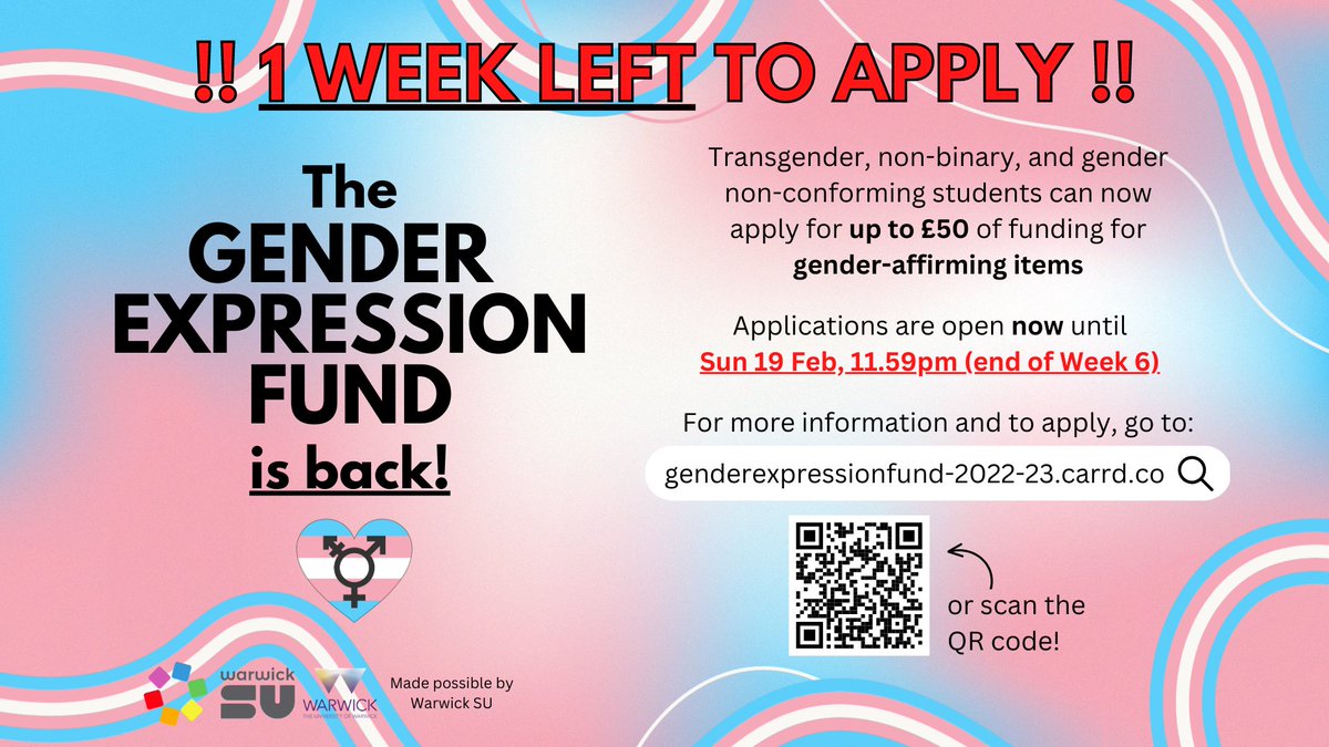 warwickpride's tweet photo. ❗ 🏳️‍⚧️ 💷 THE GENDER EXPRESSION FUND IS BACK - 1 WEEK LEFT TO APPLY FOR UP TO £50 OF GENDER-AFFIRMING ITEMS! 💷 🏳️‍⚧️ ❗ 

Warwick Pride, the LGBTQUIA+ Association are proud to be running the second year of the Gender Expression Fund: a community-led fund that transgender, ... https://t.co/anbQe6eo8D
