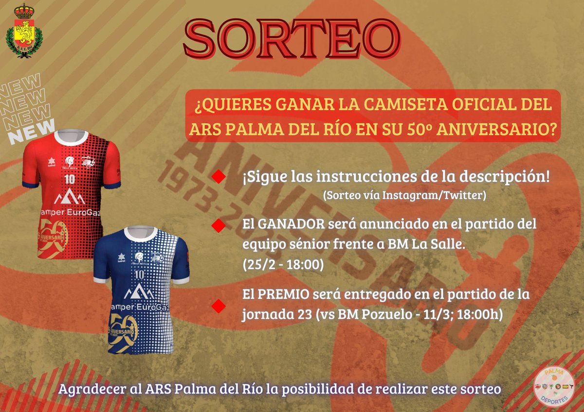 palmadeporte's tweet photo. 🤾🏼♂️❤️🖤 Balonmano | ¡¡SORTEO DE UNA CAMISETA DEL @arspalmadelrio EN SU 50º ANIVERSARIO‼️
Requisitos para participar:
🔺 RT a este tweet
🔺 Sigue a @arspalmadelrio y @palmadeportes
¿Quieres elegir color❔
🔹Cita este tweet con el hastagh #identidARS
¡Suerte!🤞🏽
#palmadeportes https://t.co/n8pbOYHChV