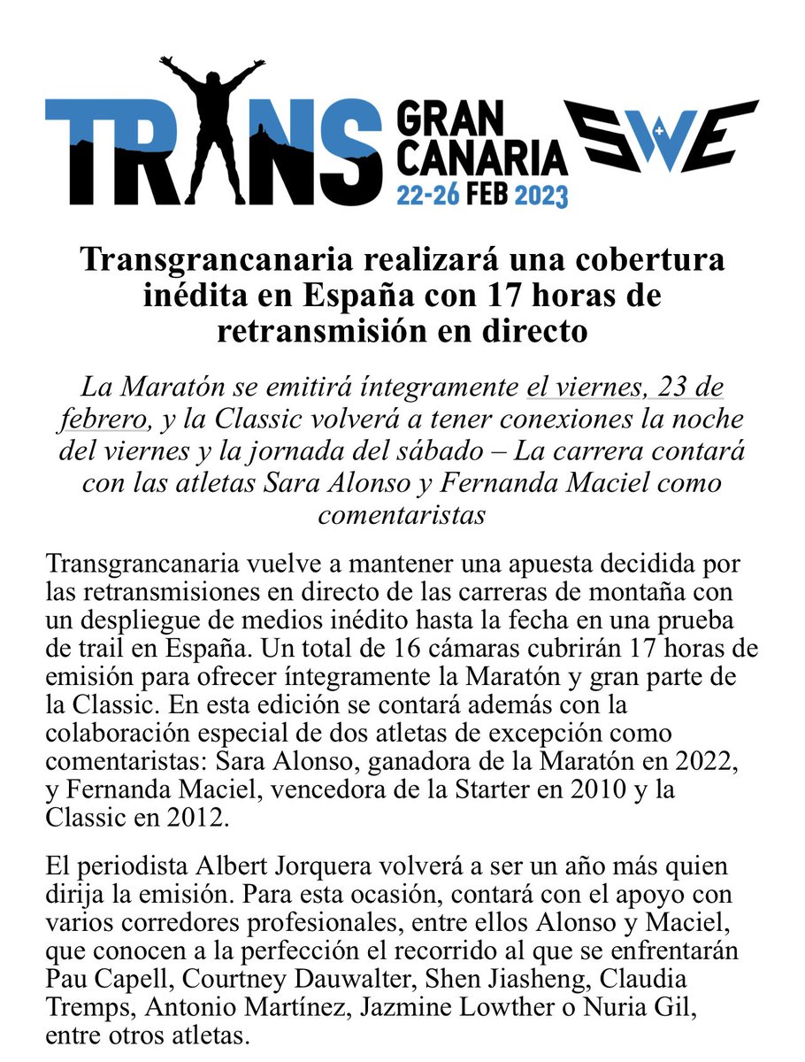 Se viene @TransGC con una retransmisión de… ¡17 horas en directo con conexiones en @teledeporte! Ya llevo semanas documentándome y trabajando en el guión con @Evasiontv_es, y tengo muchísimas ganas de arrancar junto a @sara_alonso_5 y @FerUltraTrail