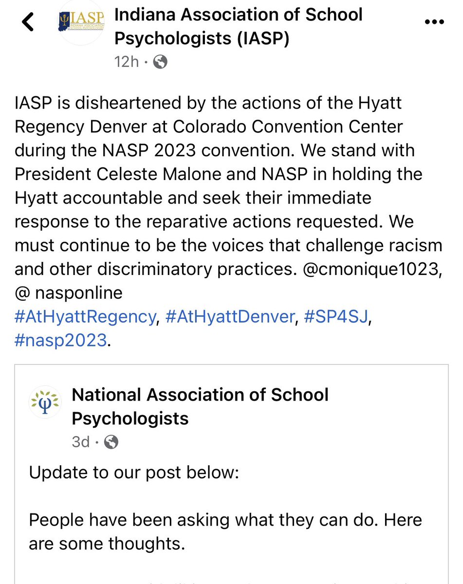 MikeManis13's tweet photo. The @inschoolpsych stands firmly with @cmonique1023 and @nasponline in opposition to the unacceptable actions of the @DenverHyatt security staff. We join in the request for public and restorative responses by the Hyatt. https://t.co/oEtIgvdqSx