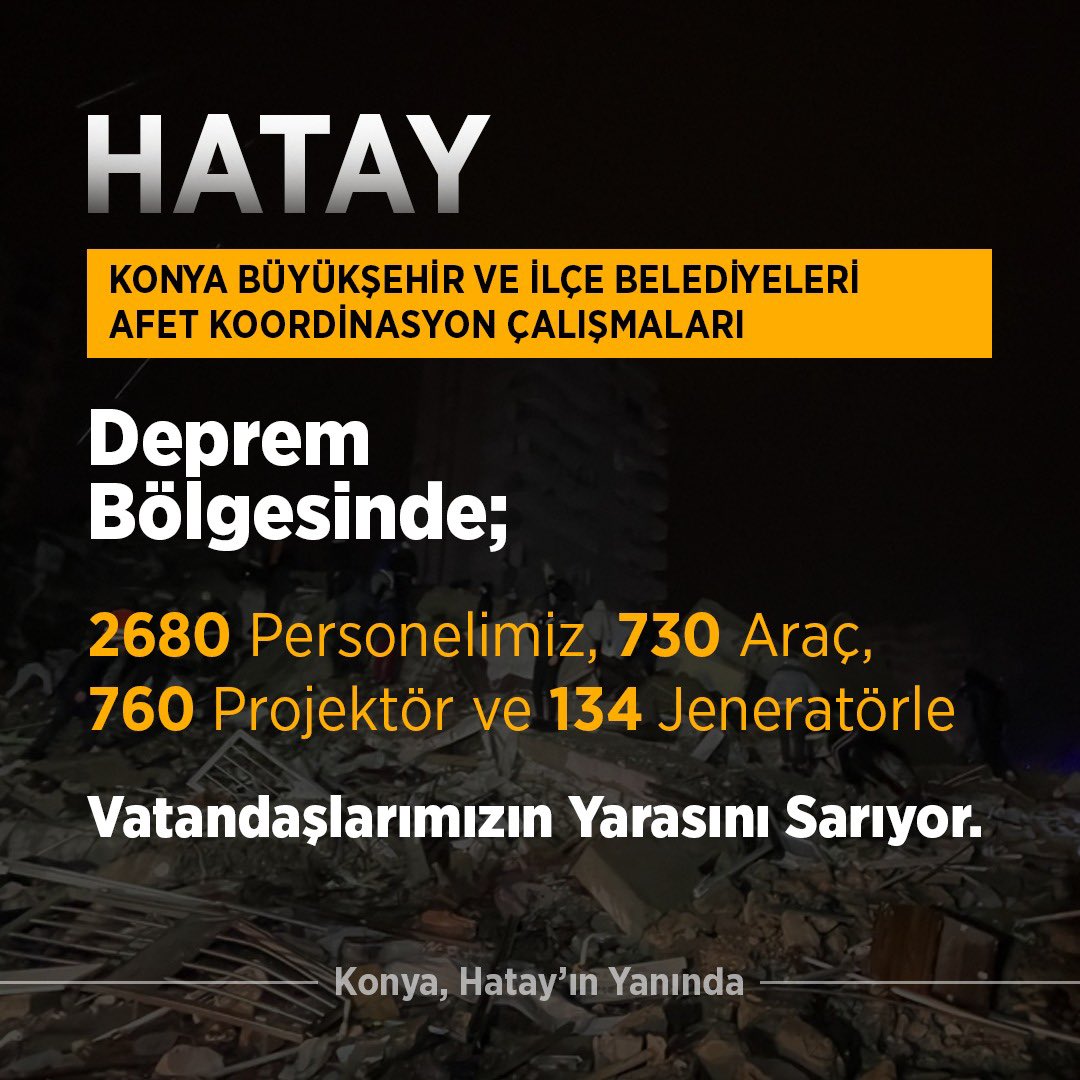 u_ibrahim_altay's tweet photo. 📍 #Hatay

Hatay’da Konya ekiplerimiz, araç ve malzeme raporumuz. 

Paketli su üretiminden 48 tırı bölgeye gönderen iştirakimiz BEYSU’ya özel bir teşekkür etmemiz lazım. 

2.680 personel ve 750 aracımız ile Hataylı vatandaşlarımızın yarasını sarma gayretindeyiz. https://t.co/MQk6e6xZnh