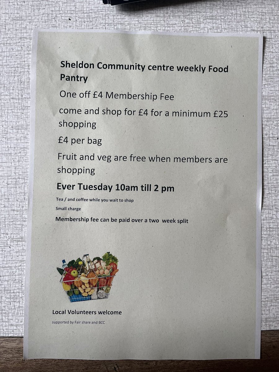 SheldonWMP's tweet photo. A food bank has opened up at Sheldon Community Centre on Sheldon Heath Road today. This bank will be open every Tuesday 10AM until 2PM. For residents in need of a little extra help😊 https://t.co/xVL5p5DeZB