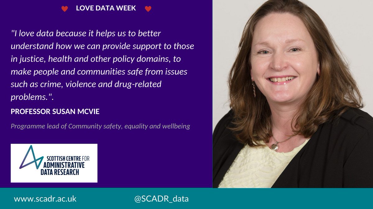 SCADR_data's tweet photo. Hear from our researcher 
@susanmcvie  on why she #lovesdata and read about her current research focusing on improving safety, equality and wellbeing across communities by linking data from law enforcement and justice. https://t.co/v5cEiyfKaA #Lovedata23 
@UoELawSchool @TheSCCJR https://t.co/61SBnw2Uxs