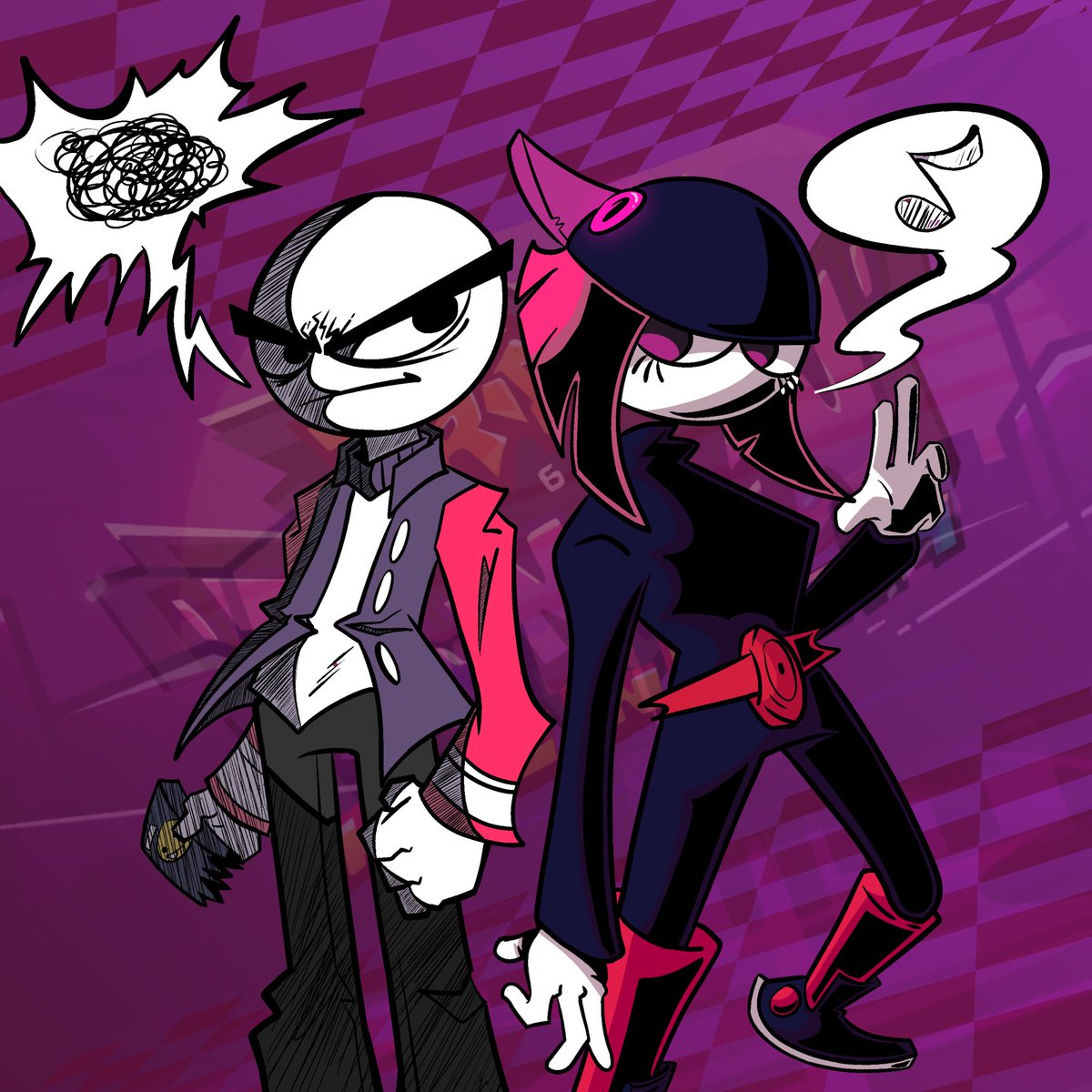 Comickazii's tweet photo. a remake of a fan art thing I did nearly a year ago all about #Hotline024 

Nikku (Right) made by - @//Saruky__ 
Rude #1 (Left) made by - @//BAnims_the2nd https://t.co/2CTXtYusRa