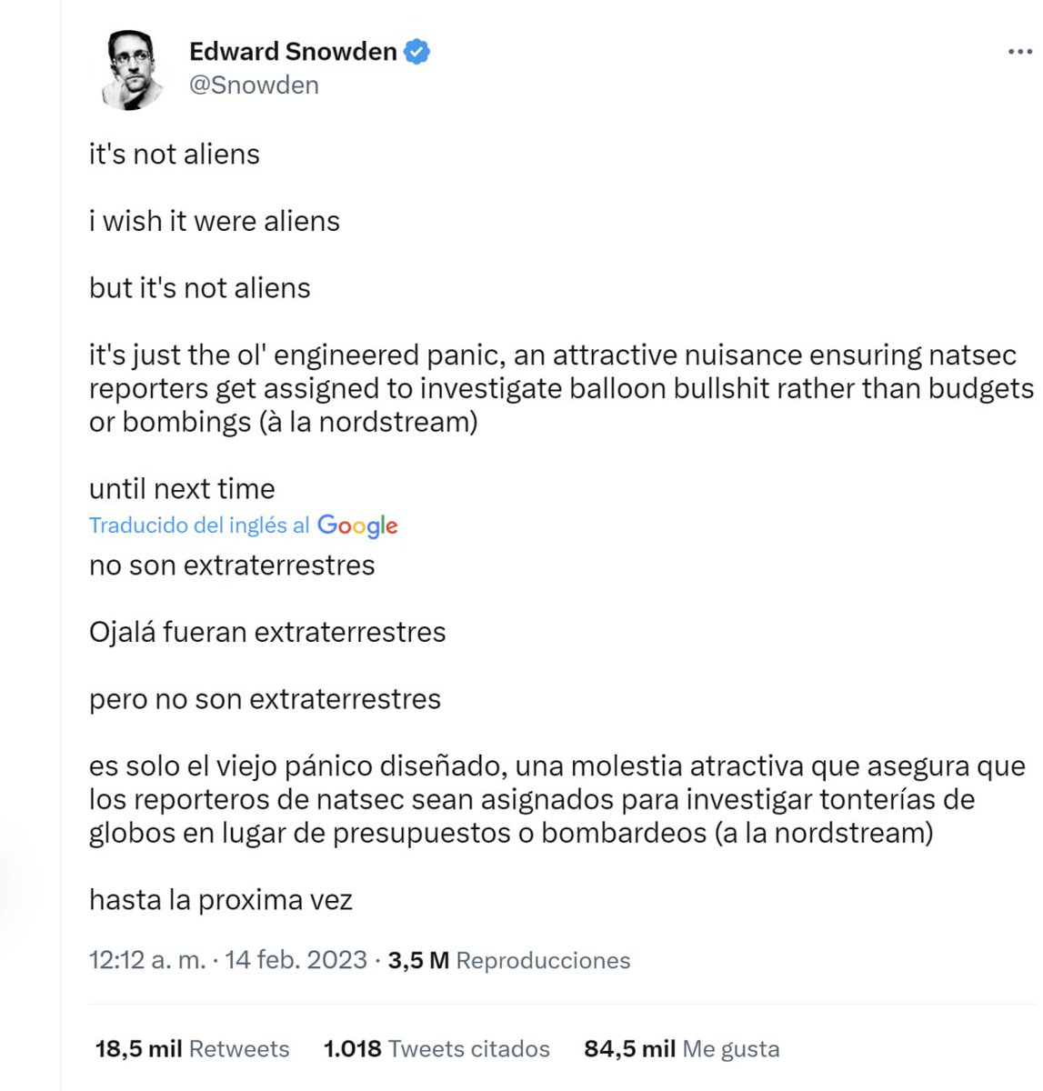 OVNIS_UFOs's tweet photo. Las autoridades 🇺🇸 están creando pánico de forma artificial e inventando "ovnis" sobre el país para que los periodistas estadounidenses investiguen los vuelos de globos y no los presupuestos del Pentágono o la explosión del gasoducto Nord Stream. Opinión de Edward Snowden https://t.co/VCMh7sDpWE