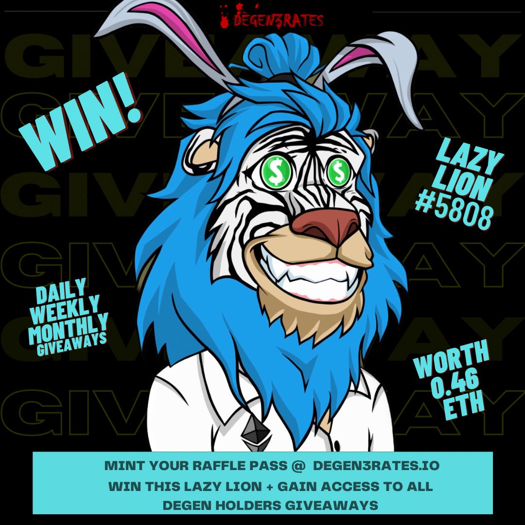 Emile0x1908's tweet photo. 🥵🚨GIVEAWAY TIME 🚨🥵

@LazyLionsNFT #5808 🤯 

Rules 👇 

➕❤️♻️ 🏷️ 3 frends 

➕Follow @DEGEN3RATES 

➕Hold 1 @DEGEN3RATES NFT

Minting ➡️https://t.co/40qogtZSrp

1 NFT = Access to all future giveaways 🍀

LIVE DRAW 19th Feb

#NFT #LazyLions #metawin #NFTGiveaway #ETH #NFTs https://t.co/6bUMm4WsvC