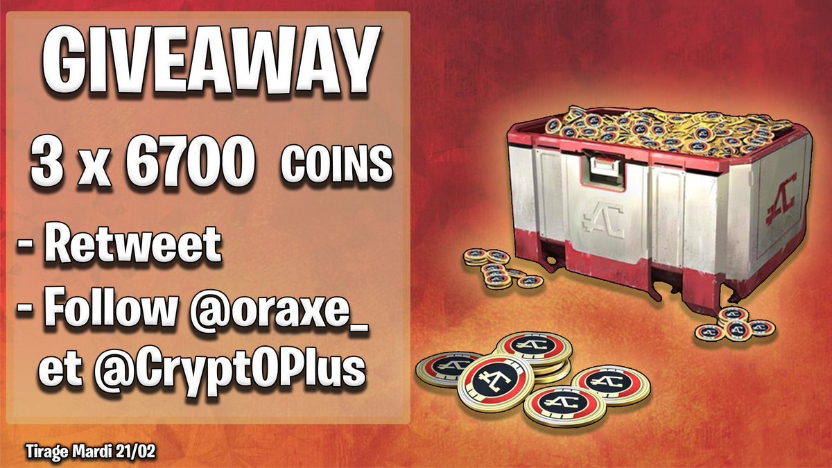 oraxe_'s tweet image. *** #Giveaway 🎁***

Pour fêter l'arrivée de la saison 16 d'Apex Legends avec @Crypt0Plus on vous fait gagner 3x6700 Apex Coins 🔥🔥🔥!!!

Pour participer ⬇️

- Retweet le Tweet
- Follow @oraxe_ et @Crypt0Plus 
- Mettez en commentaire sur quoi vous jouez pour recevoir votre code