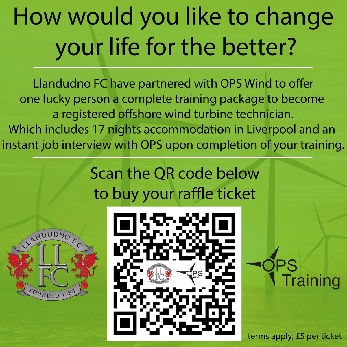 OEG_Training's tweet photo. An amazing chance to change your life! For only £5 you can enter to win a complete GWO training package worth over £5000 to get you started in the wind industry. Scan the QR code to enter. Terms apply winner must be over 18. #llandudnofc #raffle #windindustry #ops #opstraining https://t.co/DX0LZPmk0H