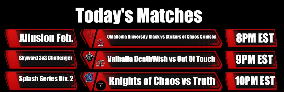 SportyFCRL's tweet image. Three Series. Guess how many will end in Game 5?

8PM EST - @OUEsports Black vs @Knights_ofChaos Strikers of Chaos Crimson
9PM EST - @vhallaEsports DeathWish vs Out Of Touch
10PM EST - @Knights_ofChaos vs @TruthGGs