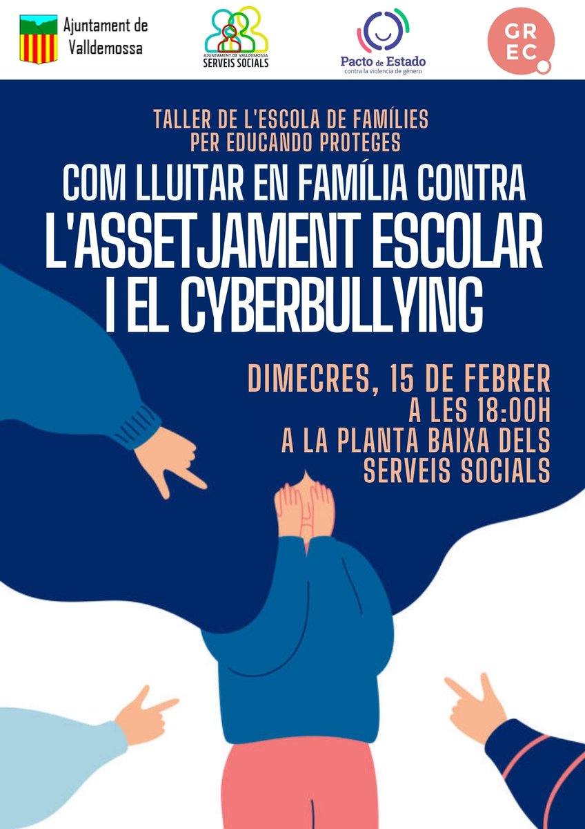 📢Us informam que dia 15 de febrer a les 18:00h es realitzarà un taller de l'escola de famílies per EDUCANDO PROTEGES sobre com lluitar en família contra l'assetjament escolar i el cyberbullying.
📍A la planta baixa dels serveis socials.
