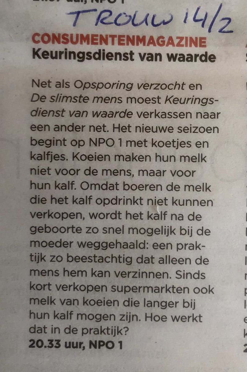 Eyes_on_Animals's tweet photo. 📌 Dagblad @trouw is glashelder in haar aankondiging over het weghalen van kalfjes bij de koe: ‘Een praktijk zo beestachtig dat alleen de mens het kan verzinnen.’ Vanavond @KvW . Kijken. #melkvee #kalfenkoe https://t.co/uHzmbFqcjY
