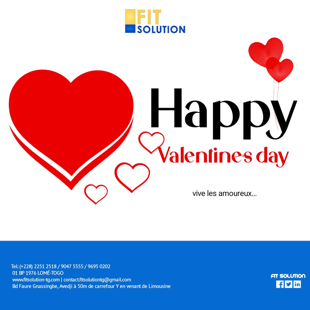 SolutionFit's tweet photo. Nous vous souhaitons une bonne fête de Saint Valentin.. Vive l'amour..
#FITSOLUTION
#valentinsday
#valentinesday2023
#amoureux
#amoureuse
#amour
#love
#Team228
#TgTwittos https://t.co/VfXyWT6X2B