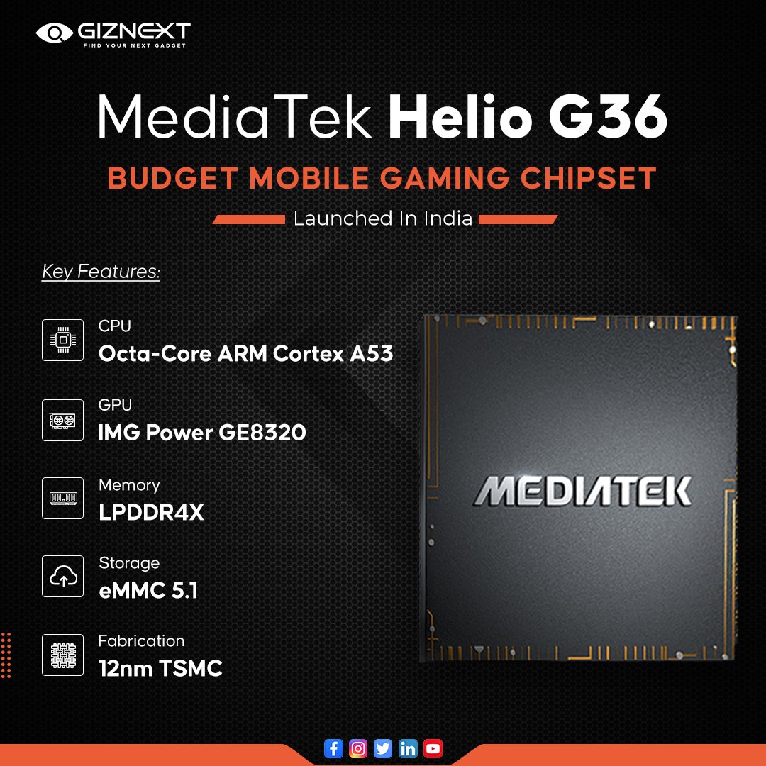 GizNext's tweet image. .@mediatek has developed its new 4G chipset as #HelioG36, which is a potent gaming chipset and claims to bring gaming-centric features &amp;amp; performance to its budget Android phones.
Details: bit.ly/3Io6fdo

#mediatek #mediatekheliog36 #launched #gamingchipset #budgetmobile